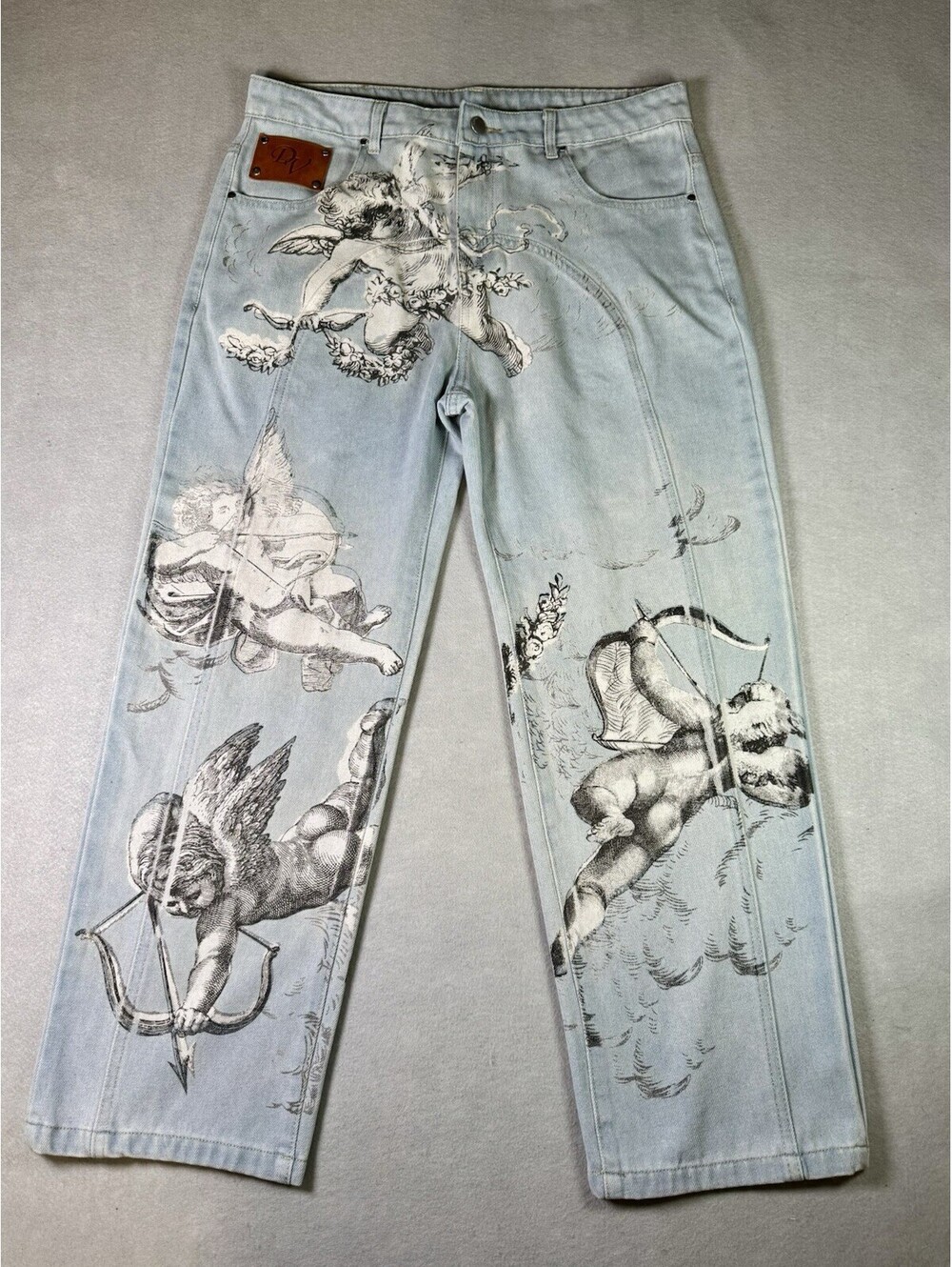 Deo Volenti Angel Jeans Renaissance Cherub Print Light Wash Baggy Denim Size 34